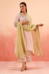 Buy_Dohr India_Pink Jacquard, Cotton, Brocade Embroidery Split V-neck Kurta Pant Dupatta Set _at_Aza_Fashions