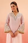 Shop_Dohr India_Pink Jacquard, Cotton, Brocade Embroidery Split V-neck Kurta Pant Dupatta Set _Online_at_Aza_Fashions