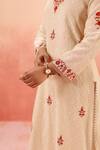 Dohr India_Beige Jacquard, Cotton, Organza Embroidery V-neck Kurta Pant Dupatta Set _Online_at_Aza_Fashions