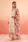 Dohr India_Beige Jacquard, Cotton, Organza Embroidery V-neck Kurta Pant Dupatta Set _at_Aza_Fashions