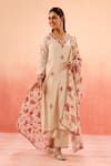 Buy_Dohr India_Beige Jacquard, Cotton, Organza Embroidery V-neck Kurta Pant Dupatta Set _at_Aza_Fashions