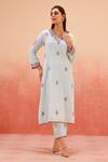 Dohr India_Blue Jacquard, Cotton, Organza Embroidery V-neck Kurta Pant Dupatta Set _Online_at_Aza_Fashions
