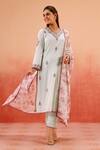 Buy_Dohr India_Blue Jacquard, Cotton, Organza Embroidery V-neck Kurta Pant Dupatta Set _at_Aza_Fashions