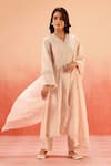 Buy_Dohr India_Pink Cotton, Organza Sequins, Embroidery V-neck Light Kurta Pant Dupatta Set _at_Aza_Fashions