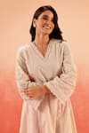 Dohr India_Pink Cotton, Organza Sequins, Embroidery V-neck Light Kurta Pant Dupatta Set _at_Aza_Fashions