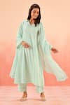 Buy_Dohr India_Blue Cotton, Organza Embroidery V-neck Powder Kurta Set _at_Aza_Fashions