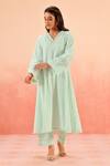 Buy_Dohr India_Blue Cotton, Organza Embroidery V-neck Powder Kurta Set _Online_at_Aza_Fashions