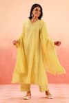 Buy_Dohr India_Yellow Cotton, Organza Embroidery V-neck Kurta Pant Dupatta Set _at_Aza_Fashions