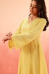 Shop_Dohr India_Yellow Cotton, Organza Embroidery V-neck Kurta Pant Dupatta Set _Online_at_Aza_Fashions