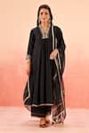 Buy_Dohr India_Black Cotton, Silk, Modal, Viscose Embroidery V-neck Kurta Pant Dupatta Set _at_Aza_Fashions