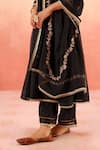 Dohr India_Black Cotton, Silk, Modal, Viscose Embroidery V-neck Kurta Pant Dupatta Set _at_Aza_Fashions