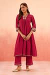 Dohr India_Cream Cotton, Silk, Modal Zari, Sequins, Crimson Pink Kurta Pant Dupatta Set _Online_at_Aza_Fashions