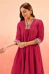Buy_Dohr India_Cream Cotton, Silk, Modal Zari, Sequins, Crimson Pink Kurta Pant Dupatta Set _Online_at_Aza_Fashions
