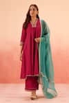 Buy_Dohr India_Cream Cotton, Silk, Modal Zari, Sequins, Crimson Pink Kurta Pant Dupatta Set _at_Aza_Fashions