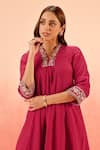 Shop_Dohr India_Cream Cotton, Silk, Modal Zari, Sequins, Crimson Pink Kurta Pant Dupatta Set _Online_at_Aza_Fashions