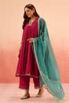 Dohr India_Cream Cotton, Silk, Modal Zari, Sequins, Crimson Pink Kurta Pant Dupatta Set _at_Aza_Fashions