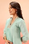 Shop_Dohr India_Turquoise Cotton, Modal, Silk Embroidery V-neck Kurta Pant Set _Online_at_Aza_Fashions