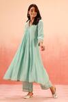 Dohr India_Turquoise Cotton, Modal, Silk Embroidery V-neck Kurta Pant Set _at_Aza_Fashions