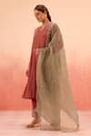 Buy_Dohr India_Red Cotton, Silk, Organza Embroidery, Sequins V-neck Kurta Pant Dupatta Set _at_Aza_Fashions