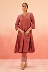 Buy_Dohr India_Red Cotton, Silk, Organza Embroidery, Sequins V-neck Kurta Pant Dupatta Set _Online_at_Aza_Fashions