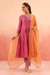 Buy_Dohr India_Pink Cotton, Silk, Organza Zari, Sequins, Embroidery Kurta Pant Dupatta Set _at_Aza_Fashions