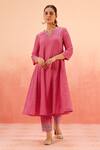 Shop_Dohr India_Pink Cotton, Silk, Organza Zari, Sequins, Embroidery Kurta Pant Dupatta Set _Online_at_Aza_Fashions