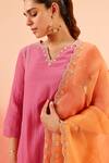 Dohr India_Pink Cotton, Silk, Organza Zari, Sequins, Embroidery Kurta Pant Dupatta Set _at_Aza_Fashions