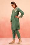 Dohr India_Green Cotton, Silk Embroidery V-neck Kurta Pant Dupatta Set _Online_at_Aza_Fashions