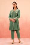 Buy_Dohr India_Green Cotton, Silk Embroidery V-neck Kurta Pant Dupatta Set _Online_at_Aza_Fashions