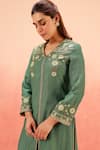 Shop_Dohr India_Green Cotton, Silk Embroidery V-neck Kurta Pant Dupatta Set _Online_at_Aza_Fashions