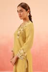 Dohr India_Mustard Cotton, Silk Embroidery V-neck Kurta Pant Dupatta Set _Online_at_Aza_Fashions