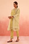 Buy_Dohr India_Mustard Cotton, Silk Embroidery V-neck Kurta Pant Dupatta Set _at_Aza_Fashions
