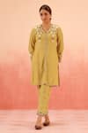 Buy_Dohr India_Mustard Cotton, Silk Embroidery V-neck Kurta Pant Dupatta Set _Online_at_Aza_Fashions