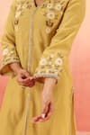 Shop_Dohr India_Mustard Cotton, Silk Embroidery V-neck Kurta Pant Dupatta Set _Online_at_Aza_Fashions