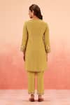 Shop_Dohr India_Mustard Cotton, Silk Embroidery V-neck Kurta Pant Dupatta Set _at_Aza_Fashions