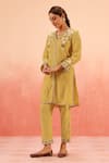 Dohr India_Mustard Cotton, Silk Embroidery V-neck Kurta Pant Dupatta Set _at_Aza_Fashions