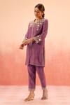 Dohr India_Purple Cotton, Silk Embroidery V-neck Kurta Pant Set _Online_at_Aza_Fashions