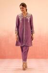 Buy_Dohr India_Purple Cotton, Silk Embroidery V-neck Kurta Pant Set _Online_at_Aza_Fashions