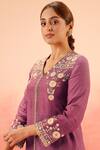 Dohr India_Purple Cotton, Silk Embroidery V-neck Kurta Pant Set _at_Aza_Fashions