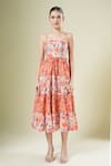 Shop_Samyukta Singhania_Orange Cotton Square Neck Floral Print Dress _Online_at_Aza_Fashions