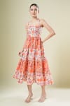 Samyukta Singhania_Orange Cotton Square Neck Floral Print Dress _at_Aza_Fashions