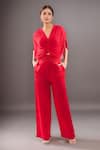 Buy_Anamika Khanna_Red Embroidery V-neck Draped Top And Pant Set _at_Aza_Fashions