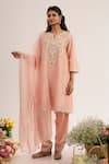 Buy_saina kapoor_Blush Chanderi, Satin, Organza Embroidery Split V-neck Kurta Set _at_Aza_Fashions