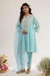 Buy_saina kapoor_Blue Chanderi, Satin, Organza Embroidery Split V-neck Powder Kurta Set _at_Aza_Fashions