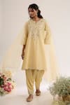 Buy_saina kapoor_Yellow Chanderi, Satin, Organza Embroidery Split V-neck Soft Kurta Set _at_Aza_Fashions