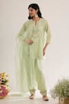 Buy_saina kapoor_Mint Chanderi, Satin, Organza Embroidery Split V-neck Green Kurta Set _at_Aza_Fashions