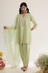 Buy_saina kapoor_Mint Chanderi, Satin, Organza Embroidery Split V-neck Green Kurta Set _at_Aza_Fashions