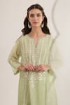 Shop_saina kapoor_Mint Chanderi, Satin, Organza Embroidery Split V-neck Green Kurta Set _Online_at_Aza_Fashions