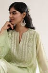 saina kapoor_Mint Chanderi, Satin, Organza Embroidery Split V-neck Green Kurta Set _at_Aza_Fashions
