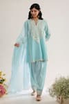 Buy_saina kapoor_Blue Chanderi, Satin, Organza Embroidery Split V-neck Powder Kurta Set _at_Aza_Fashions